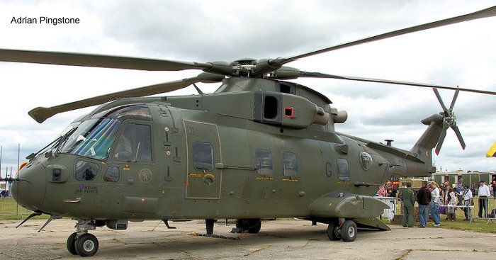 Helicopter AgustaWestland Merlin HC.3 Serial 50129 Register ZJ123 used by Royal Air Force RAF. Built 2000. Aircraft history and location
