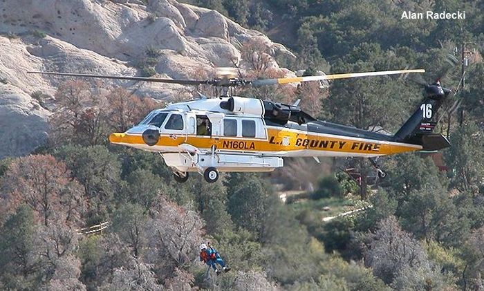 Helicopter Sikorsky S-70 Firehawk Serial 70-2453 Register N160LA used by LACoFD (Los Angeles County Fire Department). Built 2001. Aircraft history and location