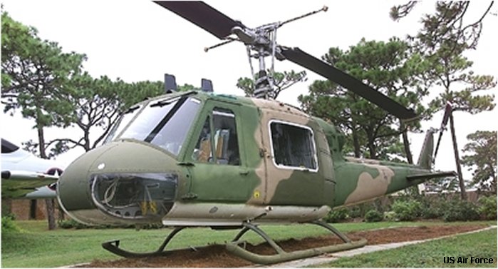 Helicopter Bell UH-1F Iroquois Serial 7043 Register 64-15493 used by US Air Force USAF. Aircraft history and location