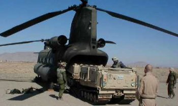 Canadian Bv206 vehicle on US army CH-47D in Afghanistan