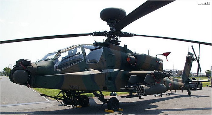 Helicopter Fuji  AH-64DJP Apache Serial JP004 Register 74504 used by Japan Ground Self-Defense Force JGSDF (Japanese Army). Aircraft history and location