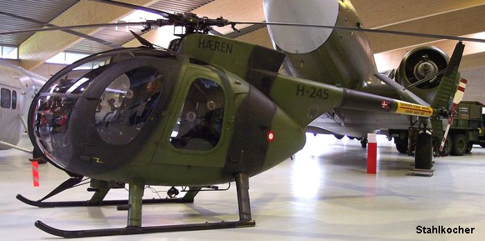 Helicopter Hughes 369HM Serial 24-0245M Register H-245 used by Flyvevåbnet (Royal Danish Air Force). Aircraft history and location