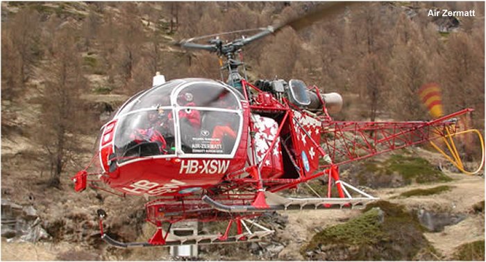 Helicopter Aerospatiale SA315B Lama Serial 2563 Register N315JC HB-XSW used by Skydance Helicopters ,Air Zermatt AG. Built 1979. Aircraft history and location