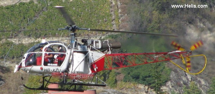 Helicopter Aerospatiale SA315B Lama Serial 2522 Register HB-XZU JA9190 used by Air Glaciers SA ,HELOG. Built 1978. Aircraft history and location