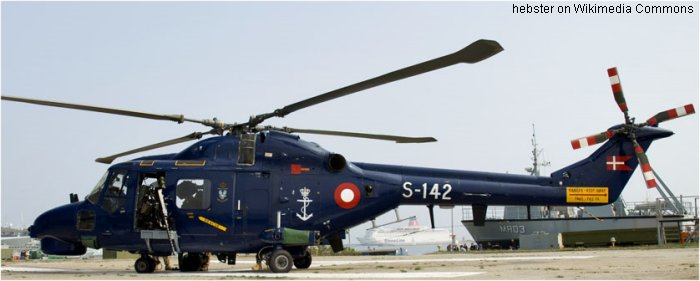 Helicopter AgustaWestland Super Lynx mk90b Serial 418 Register S-142 used by Flyvevåbnet (Royal Danish Air Force) ,Kongelige Danske Marine (Royal Danish Navy ). Built 2003. Aircraft history and location
