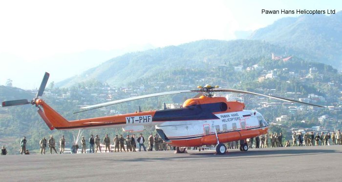 Helicopter Mil Mi-172 Serial 356C06 Register VT-PHF used by Pawan Hans Ltd PHL. Built 1996. Aircraft history and location