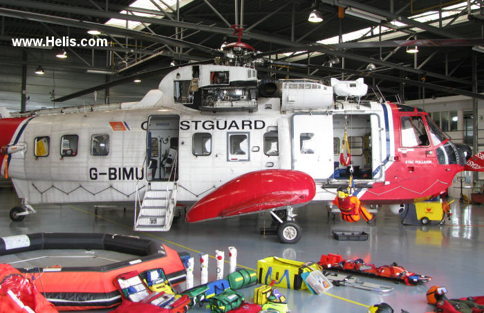 Helicopter Sikorsky S-61N Mk.II Serial 61-752 Register N7563W G-BIMU VH-CRU used by HM Coastguard (Her Majesty’s Coastguard) ,Bristow ,British Caledonian Helicopter. Built 1974. Aircraft history and location