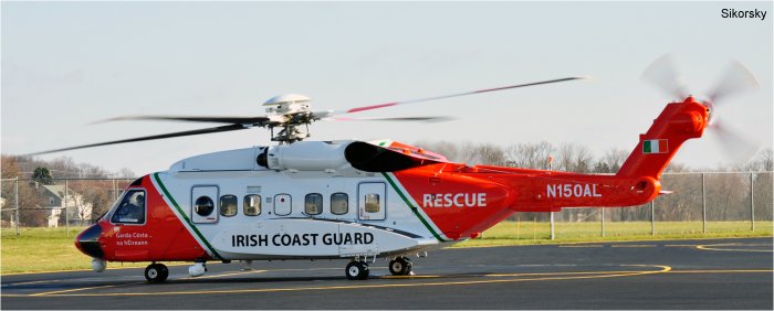 Helicopter Sikorsky S-92A Serial 92-0150 Register EI-ICG N150AL used by Garda Cósta na hÉireann IRCG (Irish Coast Guard) ,CHC Ireland ,Sikorsky Helicopters. Built 2011. Aircraft history and location