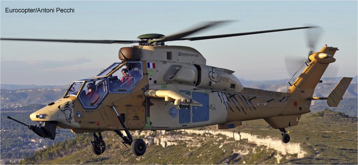 Helicopter Eurocopter Tigre HAD Serial 5001 Register HA.28-24 F-ZWBP used by Fuerzas Aeromóviles del Ejército de Tierra FAMET (Spanish Army Aviation) ,Eurocopter France. Built 2007. Aircraft history and location
