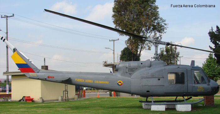 Helicopter Bell UH-1B Iroquois Serial 461 Register FAC4272 used by Fuerza Aerea Colombiana FAC (Colombian Air Force). Aircraft history and location