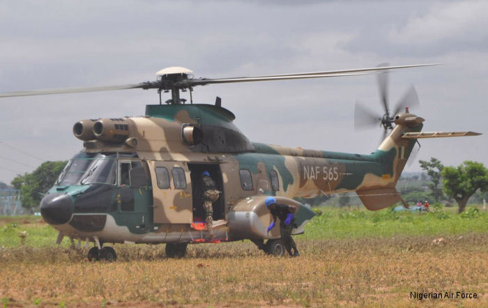 Helicopter Aerospatiale AS332M Super Puma Serial 2239 Register NAF-565 used by Nigerian Air Force. Aircraft history and location