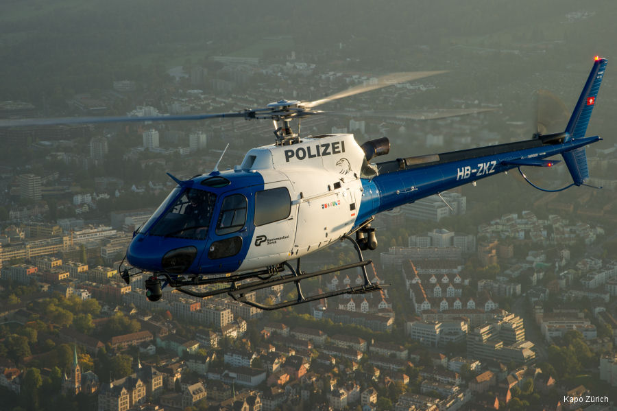 Helicopter Eurocopter AS350B3 Ecureuil Serial 4913 Register HB-ZKZ used by Schweizer Polizei (Swiss Police) ,Heli-Linth AG. Built 2010. Aircraft history and location