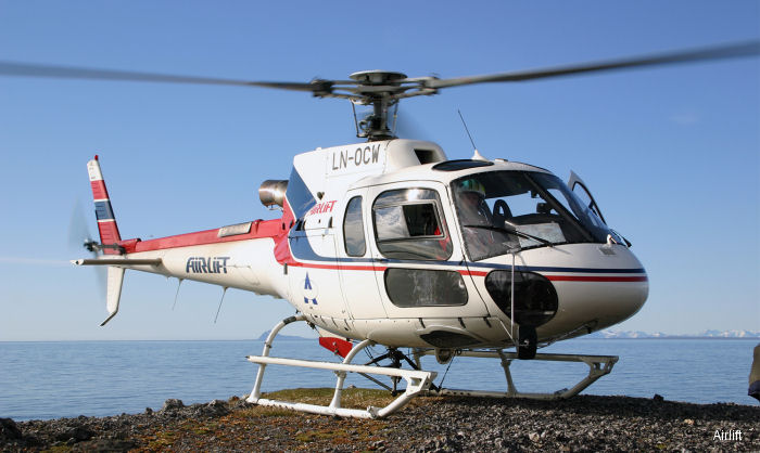 Helicopter Eurocopter AS350B3 Ecureuil Serial 3942 Register LN-OCW used by Airlift AS. Aircraft history and location