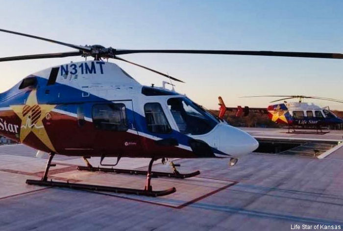 Helicopter AgustaWestland AW119Ke Koala Serial 14750 Register N31MT N911LS used by Life Star of Kansas (Topeka Air Ambulance) ,Med Trans Corp. Built 2009. Aircraft history and location