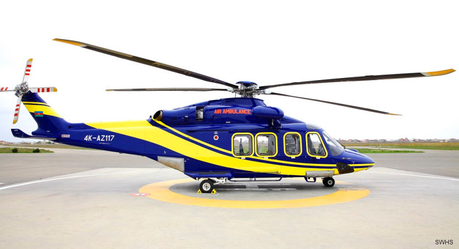 Helicopter AgustaWestland AW139 Serial 31491 Register 4K-AZ117 used by Azerbaijan Airlines AZAL. Aircraft history and location