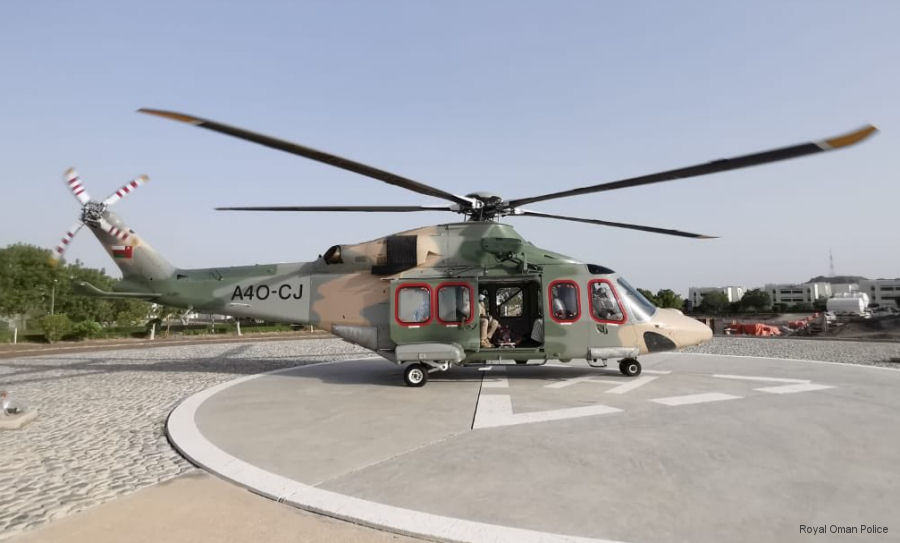 Helicopter AgustaWestland AW139 Serial 31417 Register A4O-CJ used by Royal Oman Police. Aircraft history and location