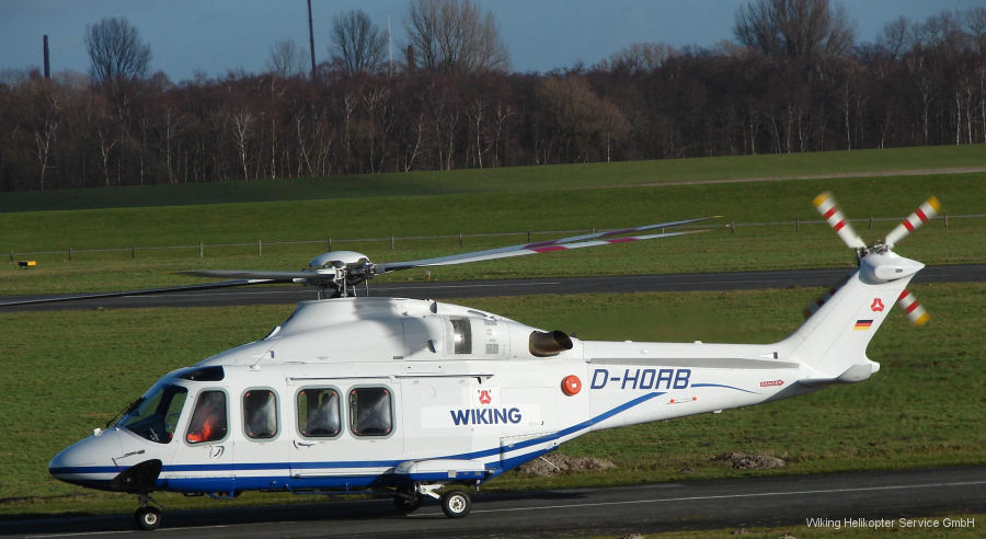 Helicopter AgustaWestland AW139 Serial 31129 Register D-HOAB OY-HSN used by Wiking Helikopter Service GmbH ,Atlantic Airways ,Heli Holland. Built 2008. Aircraft history and location