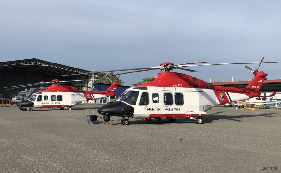 Helicopter AgustaWestland AW139 Serial 31316 Register M72-03 used by Agensi Penguatkuasaan Maritim Malaysia MMEA (Malaysian Maritime Enforcement Agency). Aircraft history and location