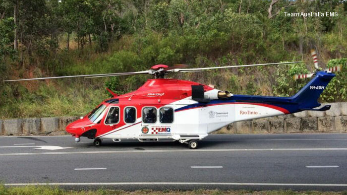 Helicopter AgustaWestland AW139 Serial 31083 Register VH-ESH used by Australia Air Ambulances QGAir (Queensland Government Air) ,Local Governments (Government of Australia). Aircraft history and location