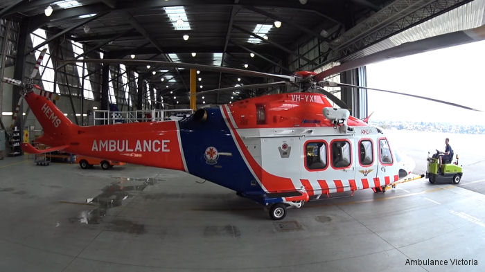 Helicopter AgustaWestland AW139 Serial 31618 Register VH-YXI used by Australia Air Ambulances Air Ambulance Victoria ,Australian Helicopters AHPL. Built 2015. Aircraft history and location