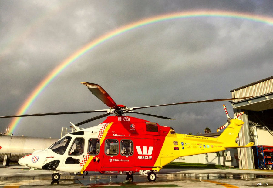 Helicopter AgustaWestland AW139 Serial 31727 Register VH-ZXA used by Australia Air Ambulances WRHS (Westpac Life Saver Rescue Helicopter Service) ,LCI Aviation (Lease Corporation International). Built 2016. Aircraft history and location