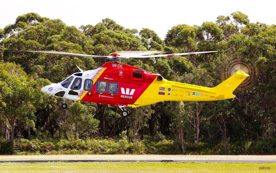 Helicopter AgustaWestland AW139 Serial 31737 Register VH-ZXC used by Australia Air Ambulances WRHS (Westpac Life Saver Rescue Helicopter Service) ,LCI Aviation (Lease Corporation International). Built 2016. Aircraft history and location