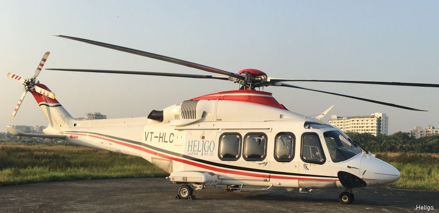 Helicopter AgustaWestland AW139 Serial 31106 Register VT-HLC A6-AWE used by Heligo Charters Pvt HCPL ,Abu Dhabi Aviation ADA. Built 2007. Aircraft history and location