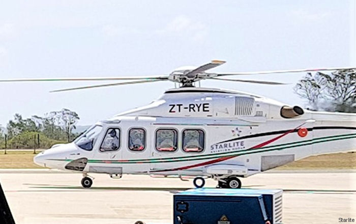 Helicopter AgustaWestland AW139 Serial 41225 Register ZT-RYE A7-GHH N413SM used by Starlite Helicopters ,Gulf Helicopters ,AgustaWestland Philadelphia (AgustaWestland USA). Built 2009. Aircraft history and location