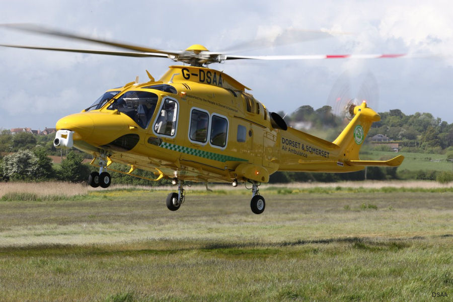 Helicopter AgustaWestland AW169 Serial 69027 Register G-DSAA used by UK Air Ambulances DSAA (Dorset and Somerset Air Ambulance) ,Specialist Aviation Services SAS. Built 2016. Aircraft history and location