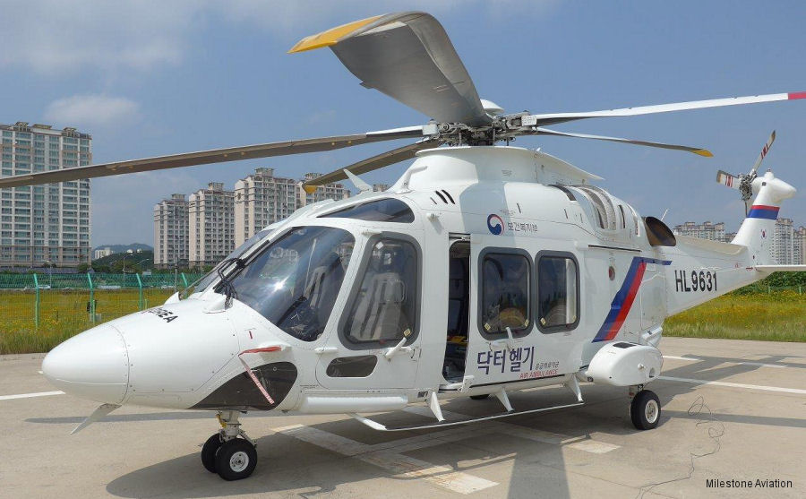 Helicopter AgustaWestland AW169 Serial 69051 Register HL9631 I-EASL used by Helikorea ,Milestone Aviation. Aircraft history and location