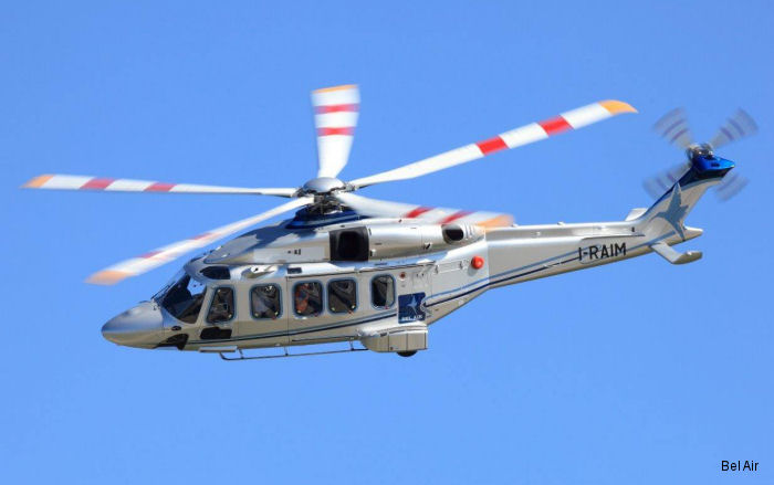 Helicopter AgustaWestland AW189 Serial 49013 Register RA-01693 OY-HMP I-RAIM used by PANH Helicopters ,Bel Air Aviation ,AgustaWestland Italy. Built 2014. Aircraft history and location
