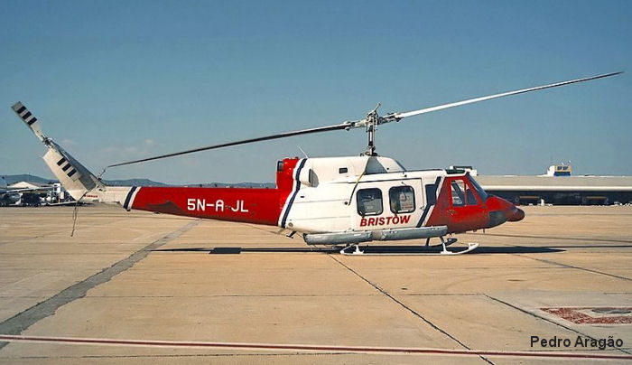 Helicopter Bell 212 Serial 30878 Register 5N-AJL EI-BFH G-BFJG used by Bristow Helicopters Nigeria BHN ,Irish Helicopters ,British Airways Helicopters. Built 1978. Aircraft history and location