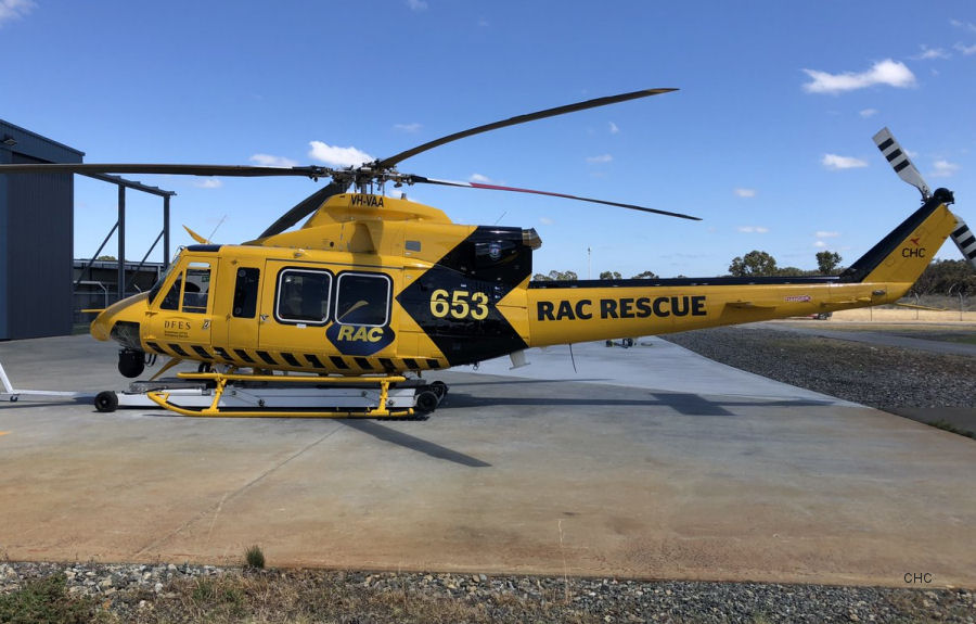 Helicopter Bell 412EP Serial 36274 Register VH-VAA used by Australia Air Ambulances Air Ambulance Victoria ,RAC Rescue ,CHC Helicopters Australia ,Lloyd Helicopters. Built 2001. Aircraft history and location