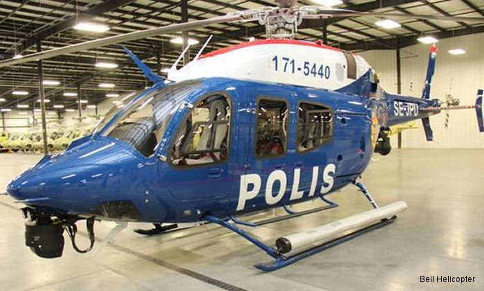 Helicopter Bell 429 Serial 57204 Register SE-JPU C-FMUF N519HT C-FBNN used by Rikspolisstyrelsen RPS (Swedish National Police) ,Bell Helicopter Canada ,Bell Helicopter. Built 2014. Aircraft history and location