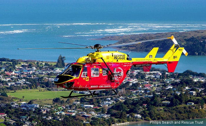 Helicopter Kawasaki BK117B-2 Serial 1101 Register ZK-IRU VH-BKS JA6743 used by New Zealand Rescue Helicopters PSRT (Philips Search and Rescue Trust) ,Fire and Disaster Management Agency FDMA. Built 1995. Aircraft history and location