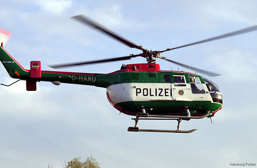 Helicopter MBB Bo105CBS-2 Serial S-425 Register P2-NHW PH-RPX D-HARU used by Manolos Aviation ,Politie Luchtvaart Dienst (Dutch Police Aviation) ,Landespolizei (German Local Police). Built 1979. Aircraft history and location
