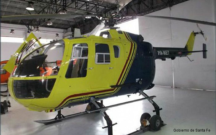 Helicopter MBB Bo105CBS-5 Serial S-917 Register PR-MET D-HZZY D-HGSJ used by Gobiernos Provinciales Gobierno de Santa Fe (Santa Fe Province Government) ,Omni Taxi Aereo OTA ,Bundesministerium des Innern BMI (Federal Ministry of the Interior). Built 1996. Aircraft history and location