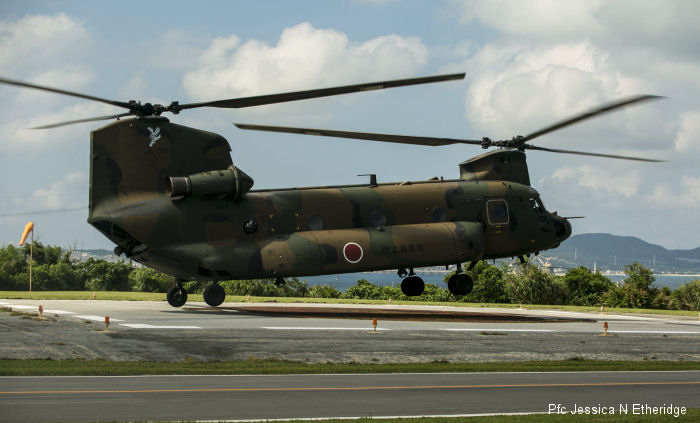 Helicopter Kawasaki CH-47JA Serial 5057 Register 52957 used by Japan Ground Self-Defense Force JGSDF (Japanese Army). Aircraft history and location