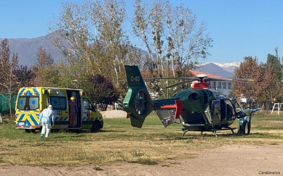 Helicopter Eurocopter EC135P2+ Serial 1085 Register C-03 used by Carabineros de Chile (Chilean Gendarmerie). Built 2012. Aircraft history and location