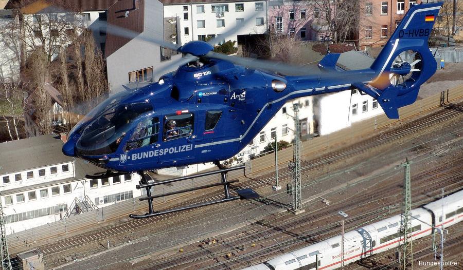Helicopter Eurocopter EC135T1 Serial 0146 Register D-HVBB used by Bundespolizei (German Federal Police (BPOL)). Aircraft history and location