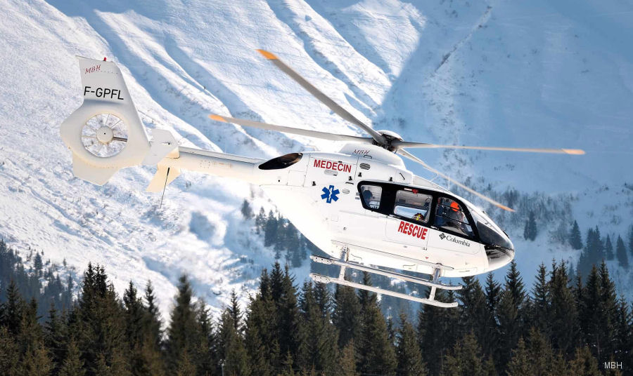 Helicopter Eurocopter EC135T1 Serial 0227 Register F-GPFL used by SAMU (Emergency Medical Assistance Service ) ,Mont Blanc Helicopteres MBH. Built 2002. Aircraft history and location