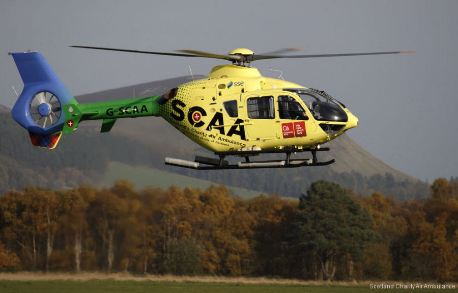 Helicopter Eurocopter EC135T1 Serial 0151 Register G-SCAA G-SASB used by UK Air Ambulances SCAA (Scotland Charity Air Ambulance) ,Babcock International Babcock ,Bond Aviation Group ,SASv (Scottish Ambulance Service). Built 2000. Aircraft history and location