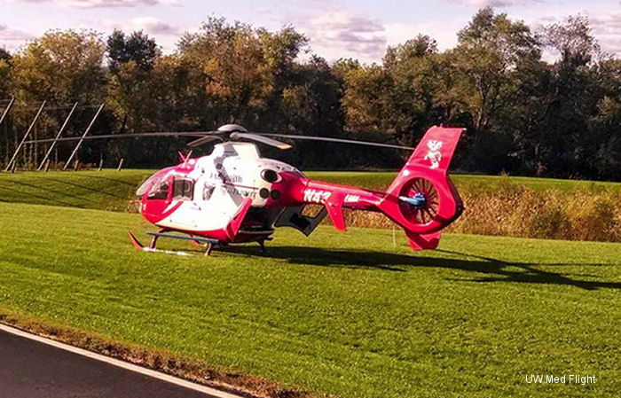 Helicopter Eurocopter EC135T2+ Serial 0605 Register N110VU N435UW used by Vanderbilt LifeFlight ,UW Health (UW Health Med Flight) ,Air Methods. Built 2007. Aircraft history and location