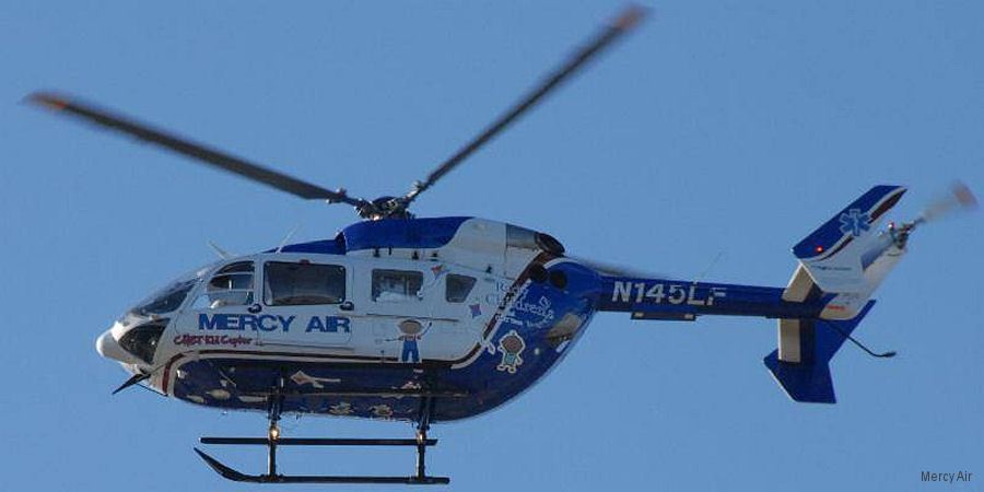 Helicopter Eurocopter EC145 Serial 9072 Register N145LF used by Mercy Air. Built 2005. Aircraft history and location