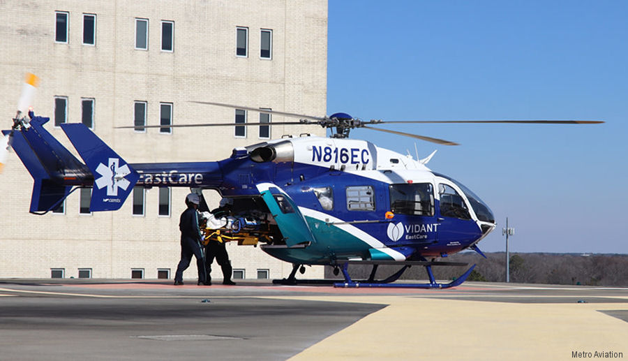 Helicopter Airbus H145 Serial 9685 Register N816EC N685BL used by ECU Health EastCare ,Metro Aviation ,Airbus Helicopters Inc (Airbus Helicopters USA). Aircraft history and location