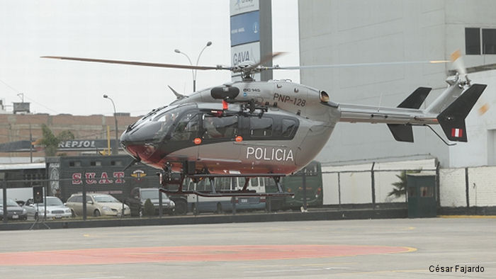 Helicopter Eurocopter EC145 Serial 9619 Register PNP-128 used by Policia Nacional del Peru PNP (Peruvian National Police). Aircraft history and location
