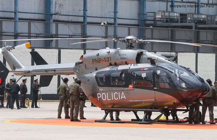 Helicopter Eurocopter EC145 Serial 9645 Register PNP-131 used by Policia Nacional del Peru PNP (Peruvian National Police). Aircraft history and location