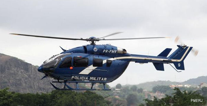 Helicopter Eurocopter EC145 Serial 9642 Register PR-PMR used by Policia Militar do Brasil (Brazilian Military Police) ,Helibras. Aircraft history and location