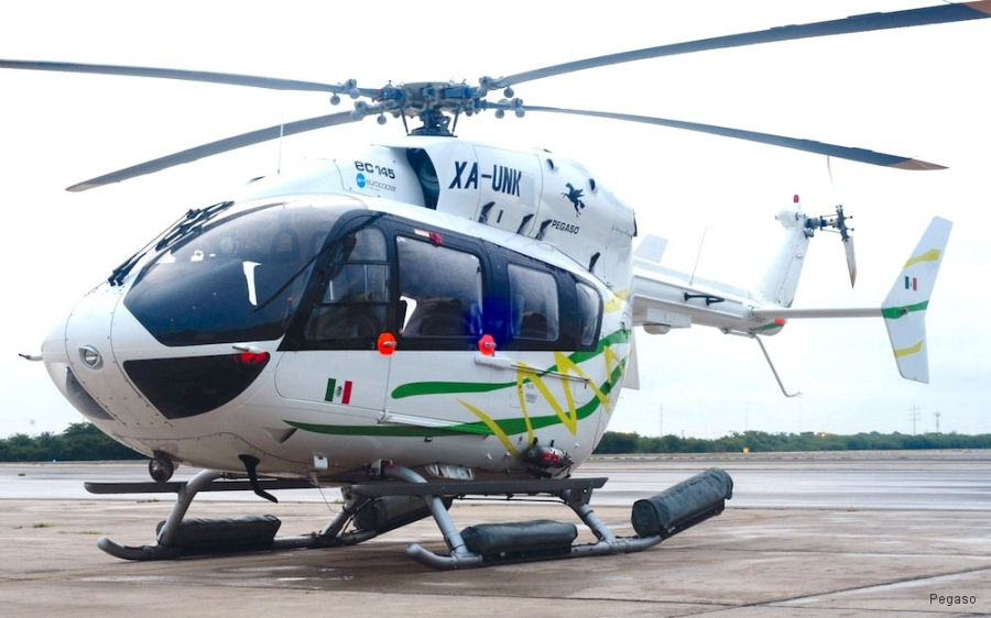 Helicopter Eurocopter EC145 Serial 9321 Register XA-UNK used by Transportes Aereos Pegaso. Aircraft history and location
