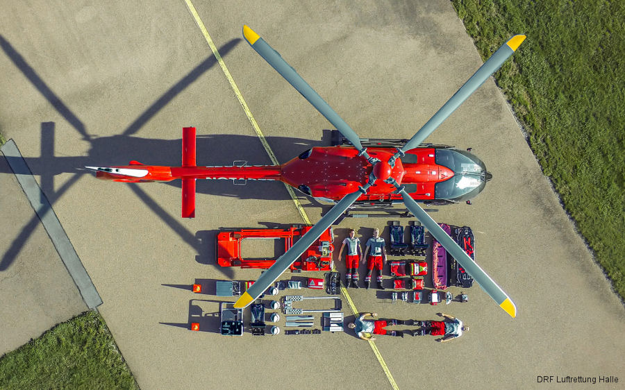 Helicopter Airbus H145D2 / EC145T2 Serial 20224 Register D-HDST used by DRF Luftrettung DRF Airbus Helicopters Germany ,Christoph 11 (DRF) ,Christoph Halle (DRF). Built 2018 Converted to H145D3 . Aircraft history and location